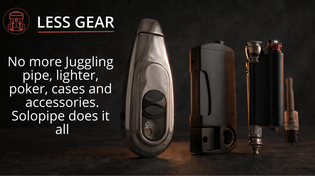 Collection of smoking accessories with 'Less Gear' branding and text about a single device solving multiple needs.