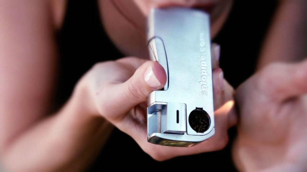 Close-up of SoloPipe Classic Chrome refillable self-lighting pipe